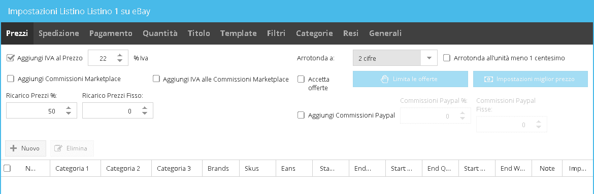impostazioni ebay prezzi